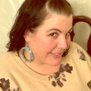 Denim hoop crocheted earrings with crystals.